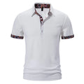 Men's cotton blend polo shirt with colour stitching on turnover collar in white, black or navy blue