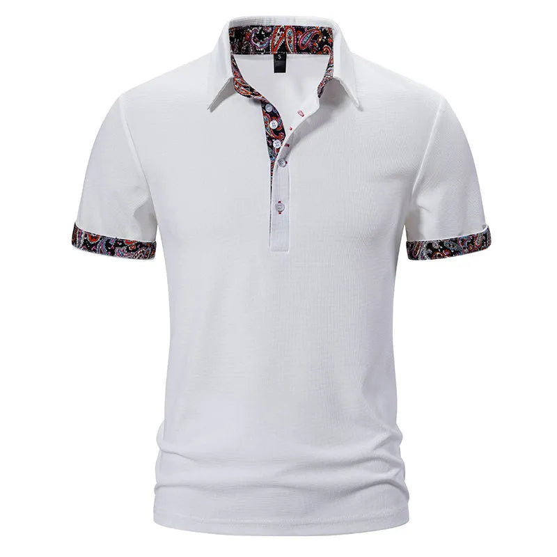 Men's cotton blend polo shirt with colour stitching on turnover collar in white, black or navy blue
