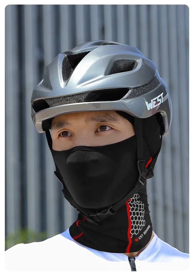 Black full face ice silk sunscreen riding mask on white background