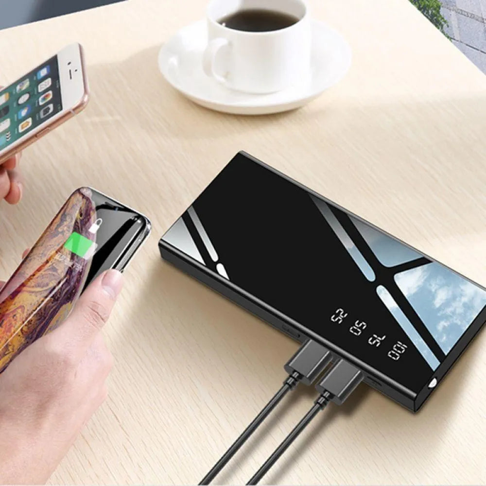 20000mAh power bank with LCD display showing battery percentage, dual USB ports, and LED light