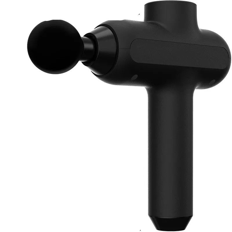 Handheld black muscle massager with six different coloured attachment heads on a white background.