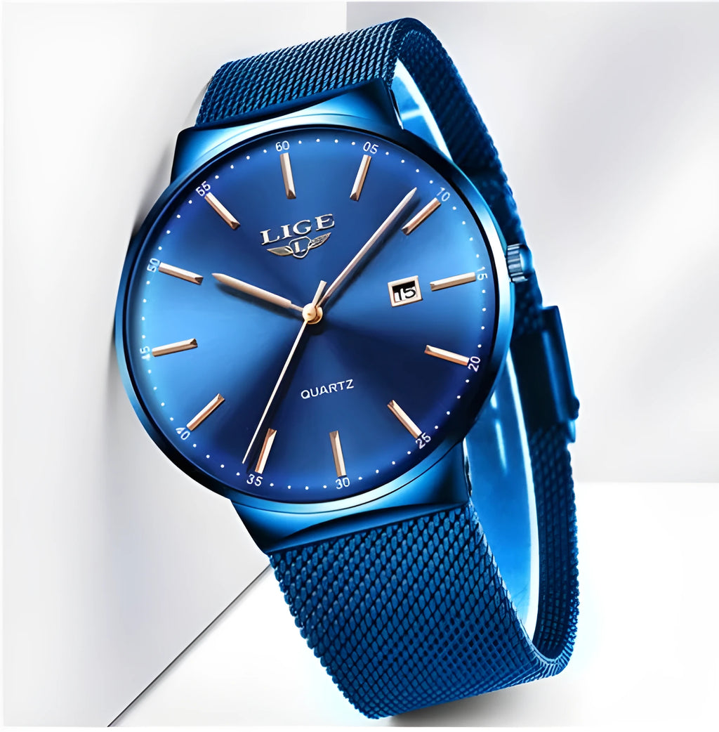 Stainless steel men's analogue wristwatch with 40mm dial in black, blue, or black-blue colour.