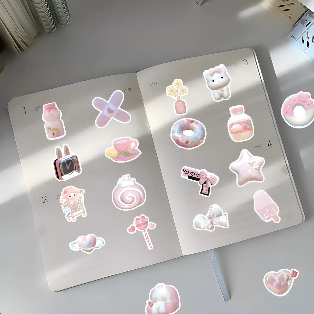 Two types of pink girl heart decorative stickers with realistic 3D appearance, 63 pieces per design