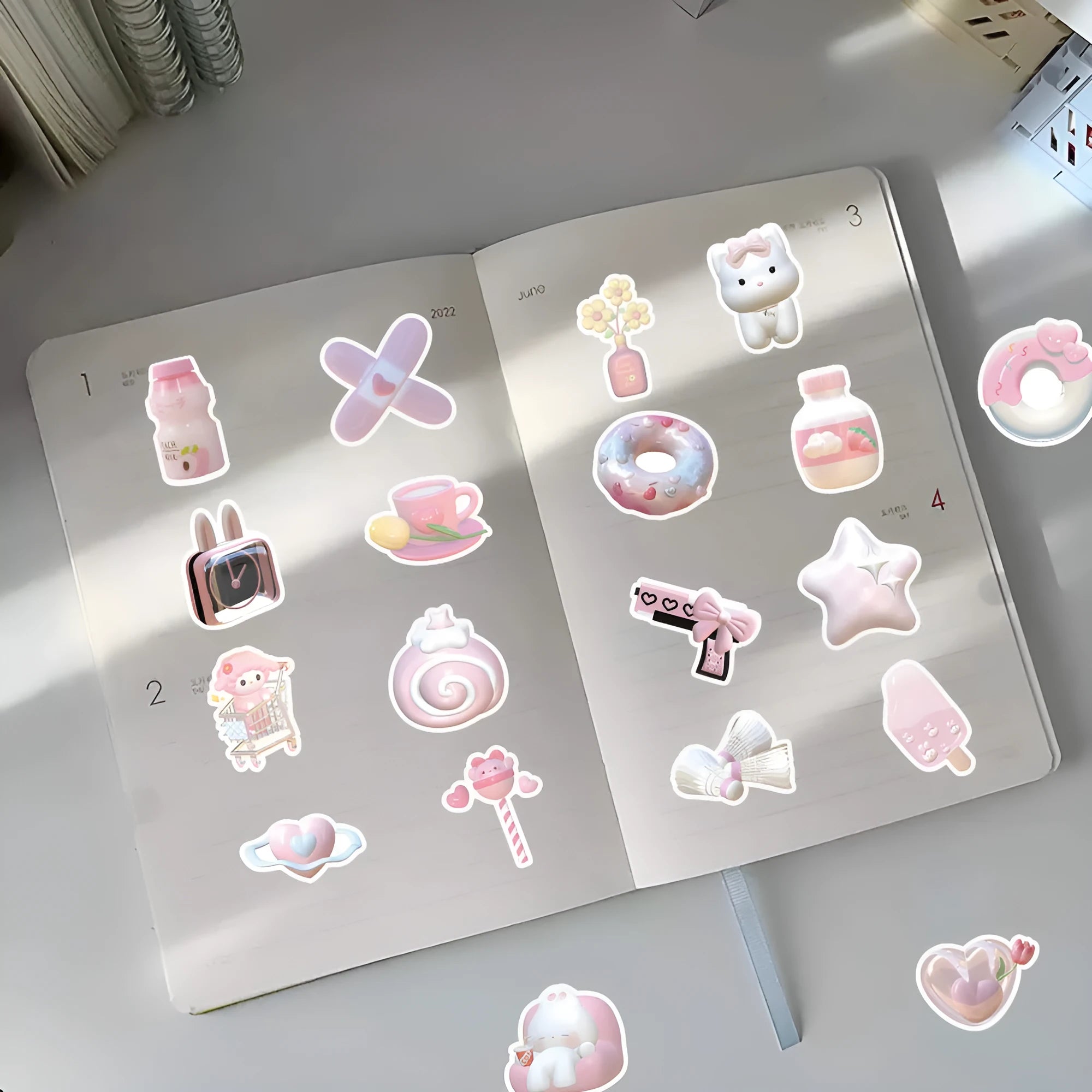 Two types of pink girl heart decorative stickers with realistic 3D appearance, 63 pieces per design