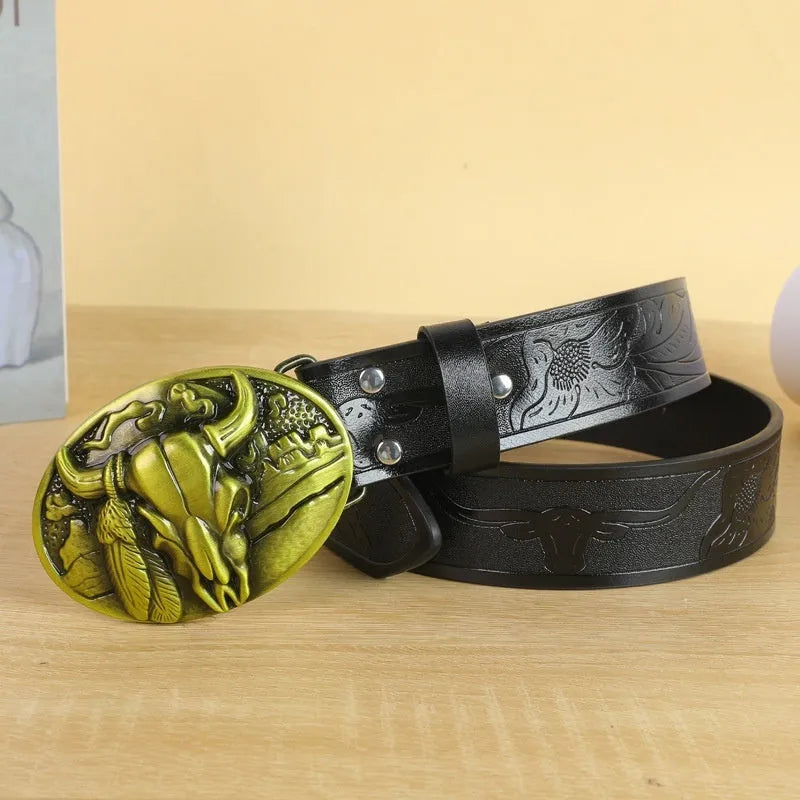Men's brown imitation leather belt with a detailed silver cow head alloy buckle and pin fastening.