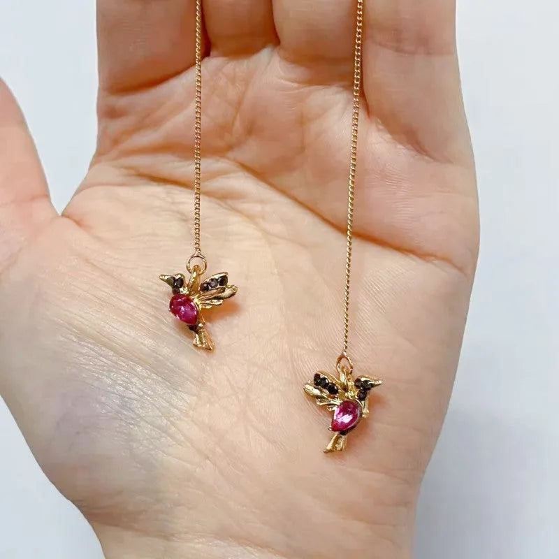 Personalised long drop earrings with bird design and mixed zirconium wings in three colour options