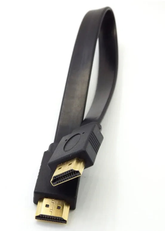 Flat HDMI cable showing version 1.4 specification with copper wire construction and multiple length options