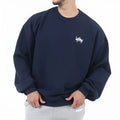 Men's heavy cotton loose fit pullover hoodie in round neck style, available in Black, Grey, Khaki, Navy Blue, sizes L to 3XL.
