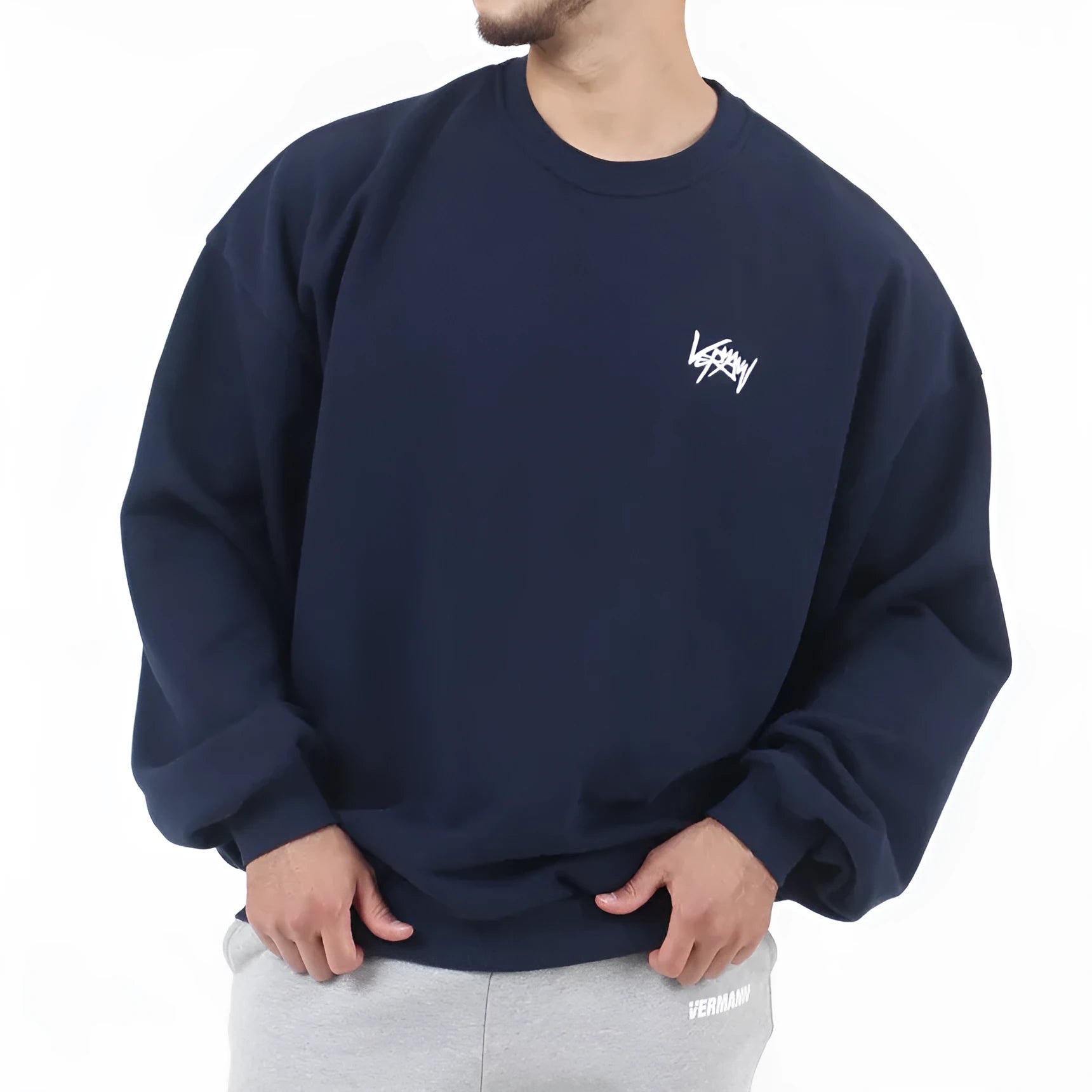 Men's heavy cotton loose fit pullover hoodie in round neck style, available in Black, Grey, Khaki, Navy Blue, sizes L to 3XL.