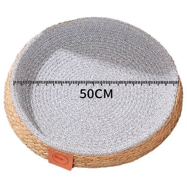 A woven rattan cat nest bed for pets, shown in one of four available sizes.