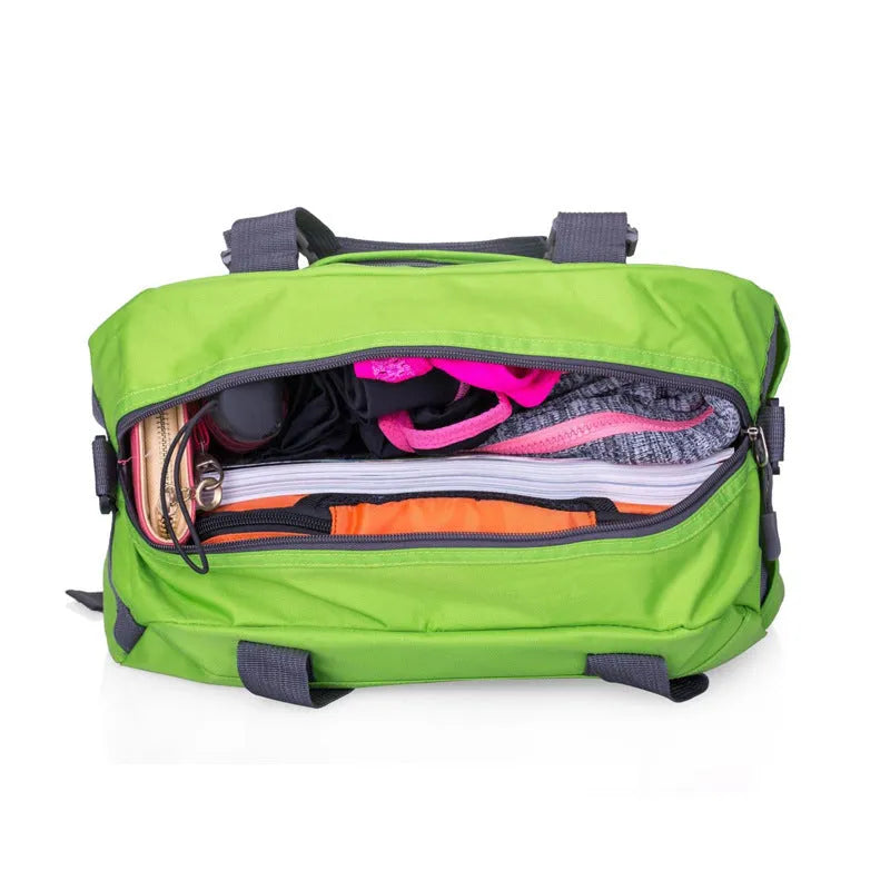 Nylon yoga and gym bag shown in medium and large sizes with colour options including black, blue, green, pink, purple and red.