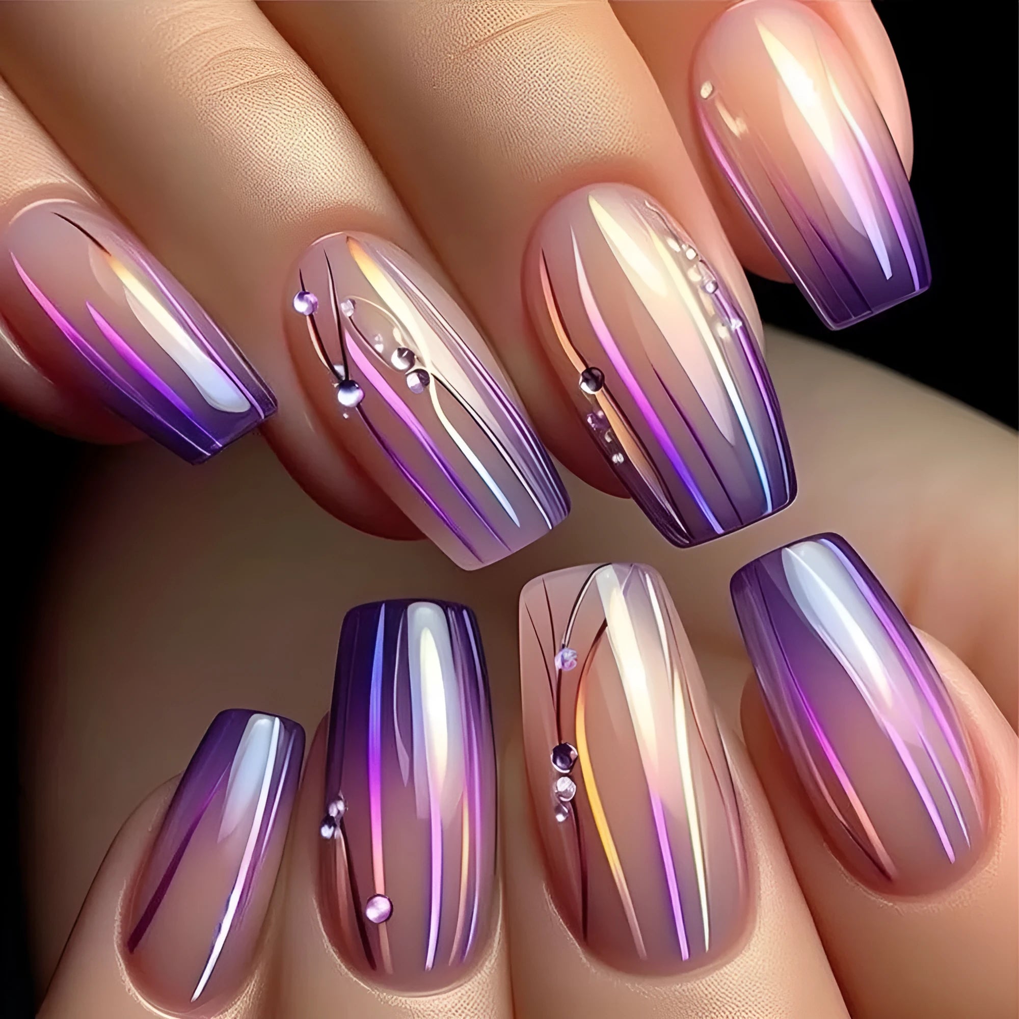 Magic Purple Line Gradient nail sticker set showing starry sky patterns with jelly glue tube