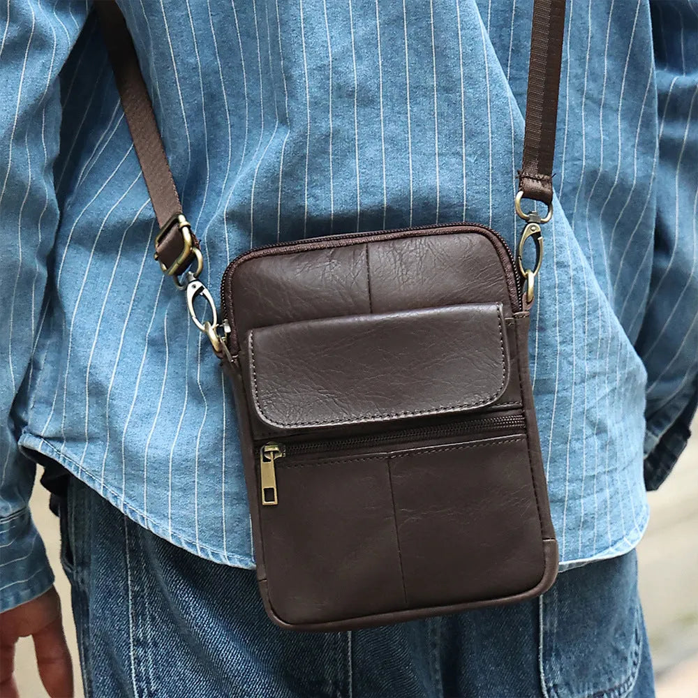 Brown genuine leather crossbody shoulder bag for men with sewing line detailing