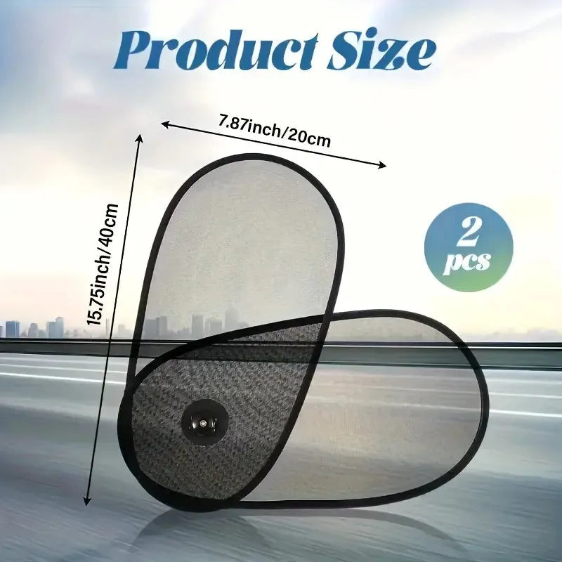 Black stretchy car side window sun shade attached with suction cups, showing adjustable coverage.