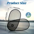 Black stretchy car side window sun shade attached with suction cups, showing adjustable coverage.
