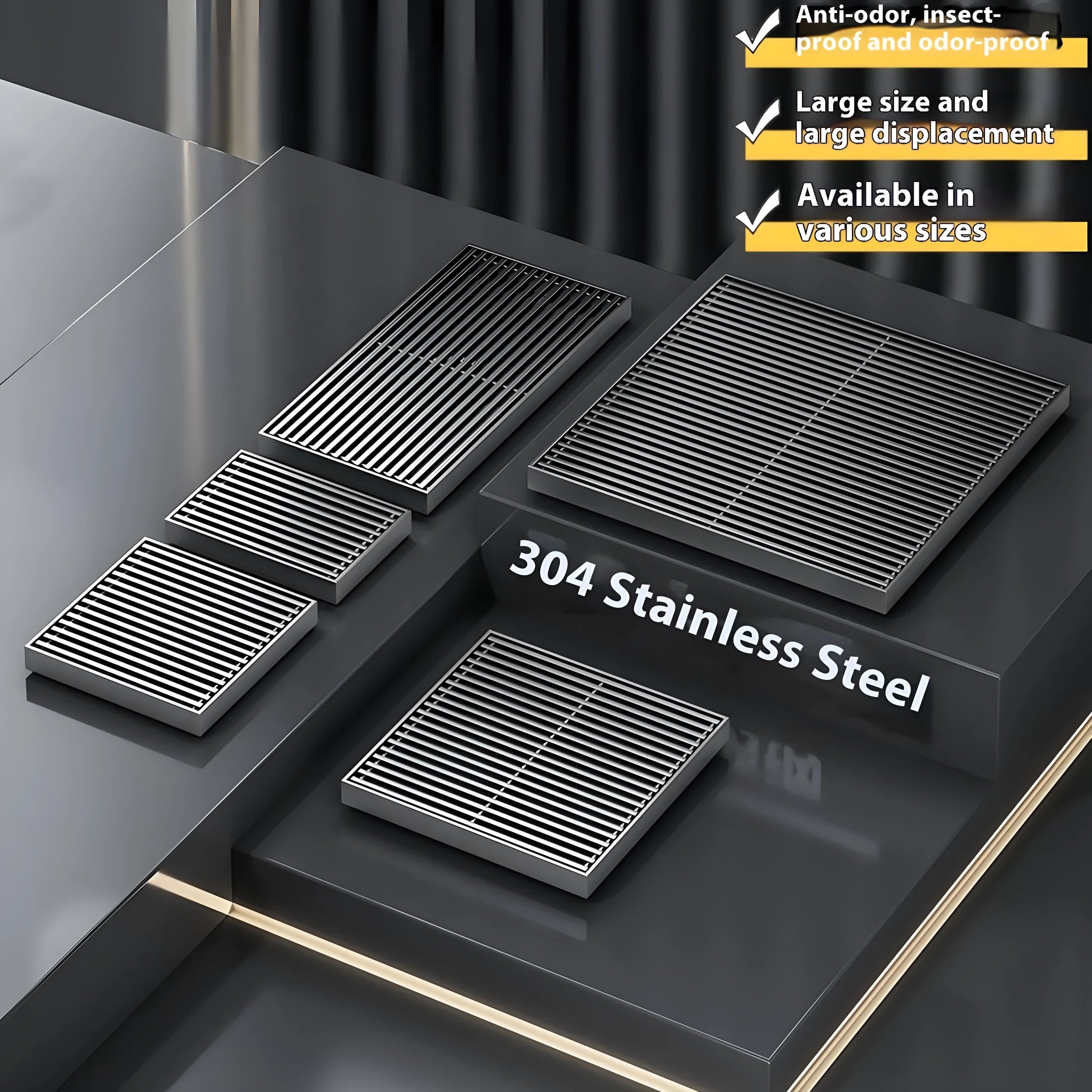 Gun grey 15cm square ABS plastic core sitting in a 304 stainless steel courtyard floor drain frame.