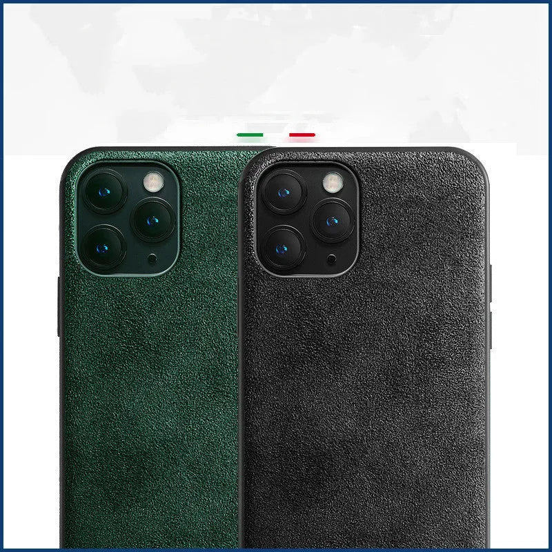 Suede full-cover iPhone case in dark blue colour showing back and side protection
