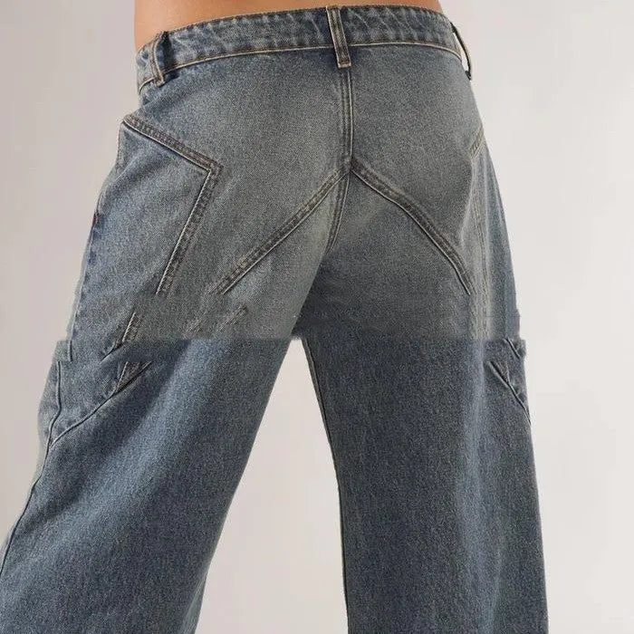 Women's blue loose straight wide-leg cotton mop trousers with low waist on a hanger