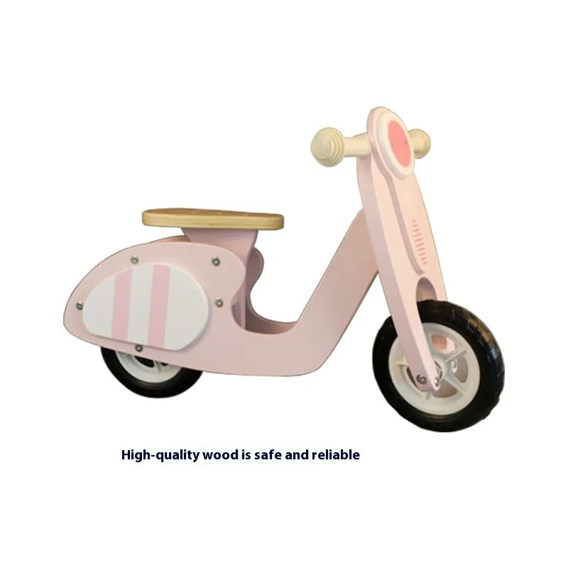 Pink wooden balance scooter for toddlers aged 1-6 years with 10-inch wheels