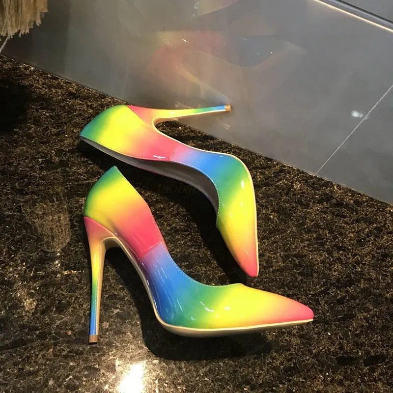 Rainbow patent leather women's high heels with thin ultra-high heel and pointed toe