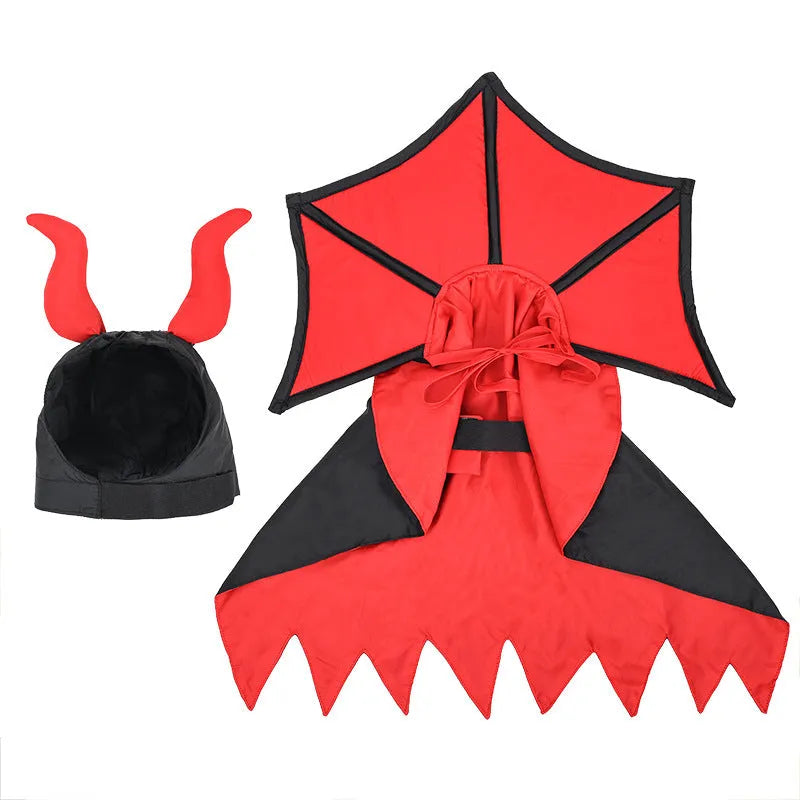 Black polyester pet vampire cloak and hat Halloween costume set shown on pet