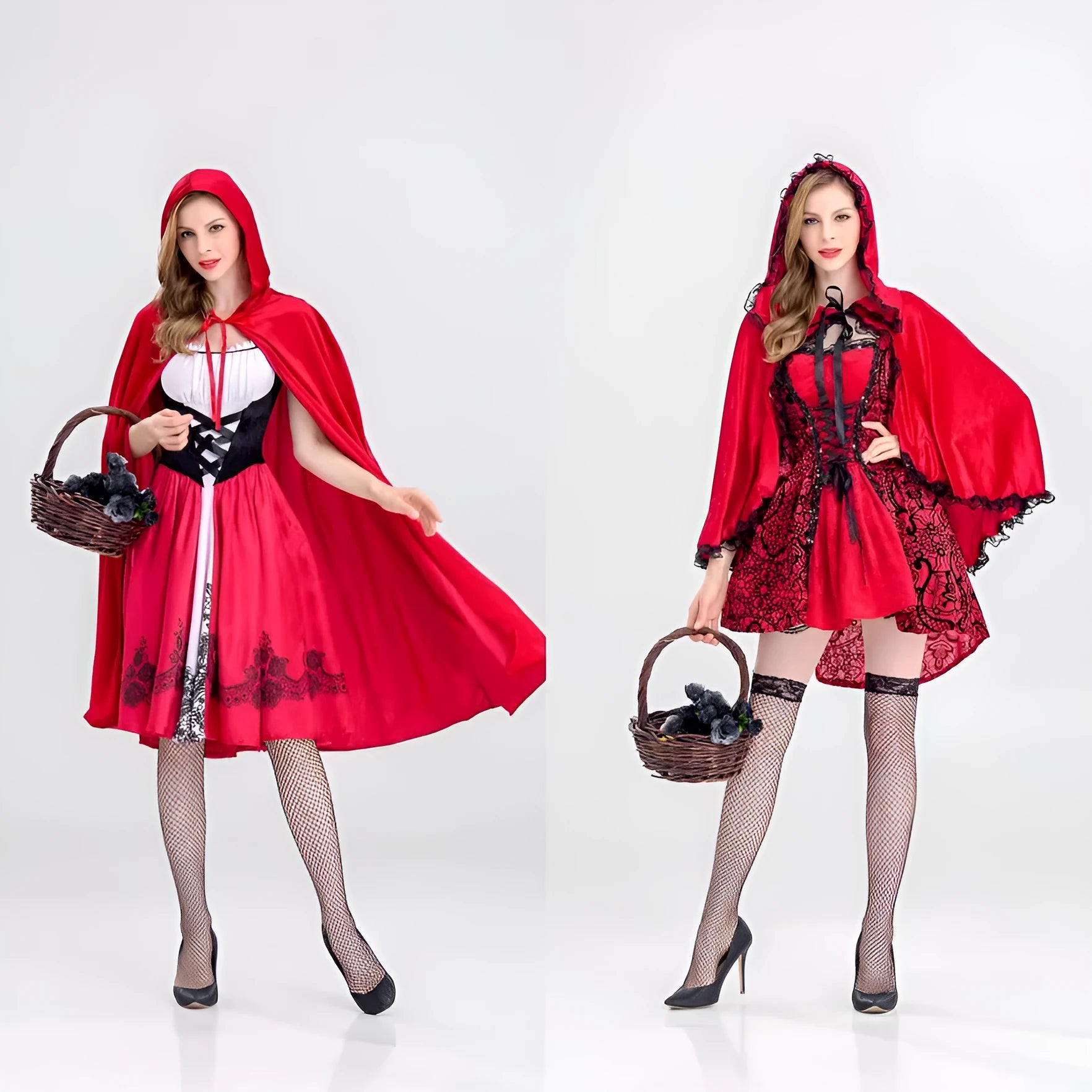 Little Red Riding Hood costume set with dress, shawl, and gloves on a woman standing in a forest scene