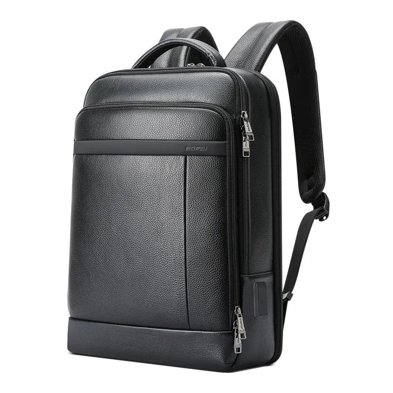Black genuine leather business commuter backpack with USB port and curved straps