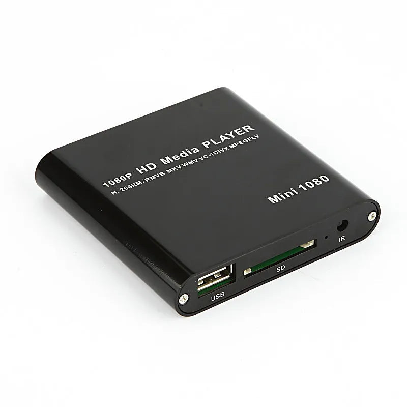 Compact blue 1080p Full HD media player with remote control on a black background.