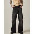 Black loose straight jeans with retro American styling and zipper fly opening