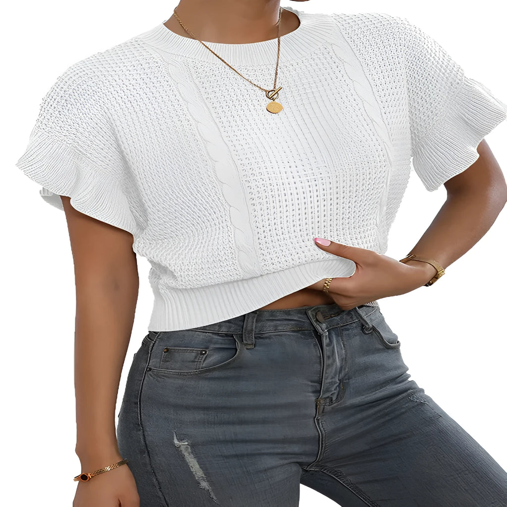 Twisted string pattern knitted pullover sweater with ruffled short sleeves in Japanese Korean casual style