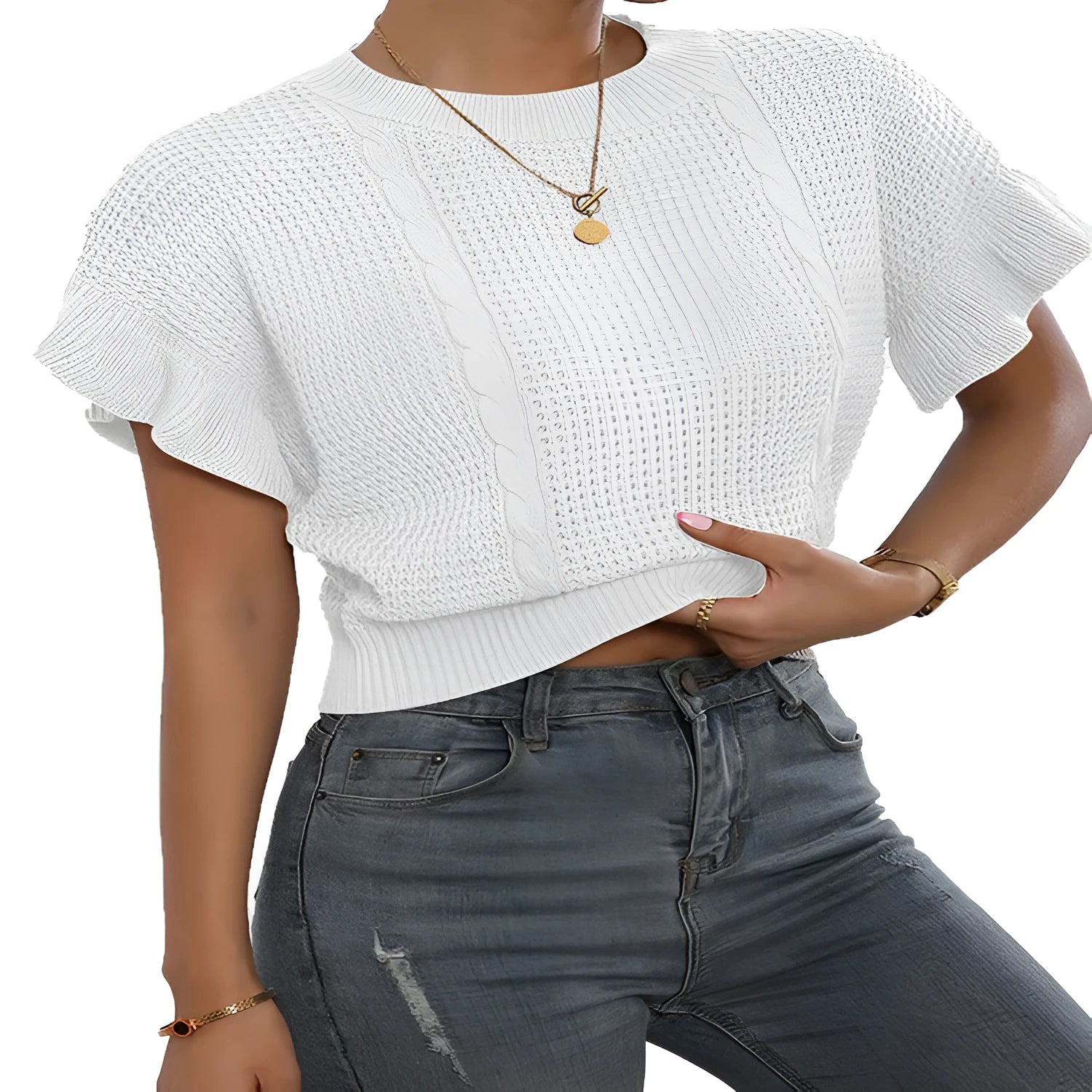 Twisted string pattern knitted pullover sweater with ruffled short sleeves in Japanese Korean casual style