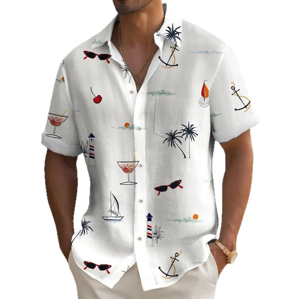 Men's loose fit Hawaiian shirt with digital printing pattern on polyester fabric