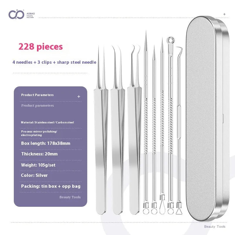 Four metal acne needles with ultra-fine pointed tips laid out in a set.