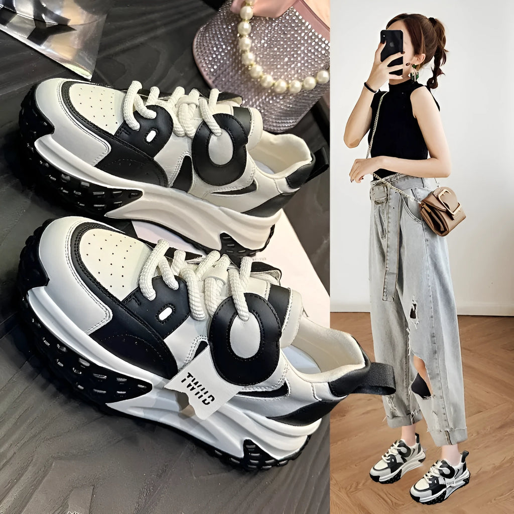 Leather sports casual shoes with wedge heel and thick soles in black and white colour