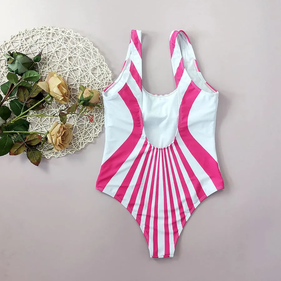 Pink striped one-piece swimsuit for women with digital print on front and back.