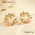 Stainless steel flower stud earrings with colourful oil petals on a white background.