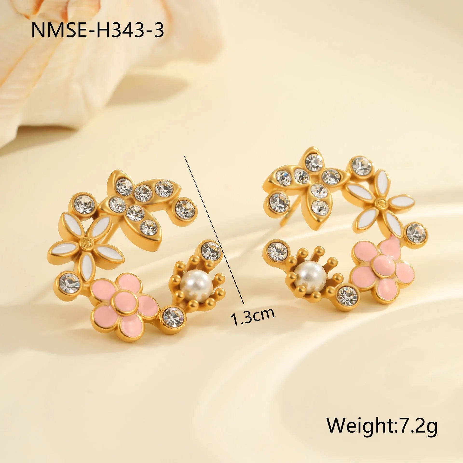 Stainless steel flower stud earrings with colourful oil petals on a white background.