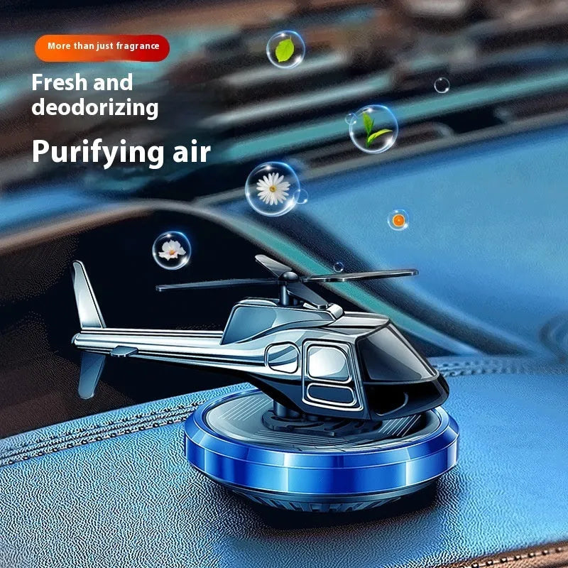 Metal solar helicopter car perfume with rotating blades and formaldehyde removal function in silver, black, or blue