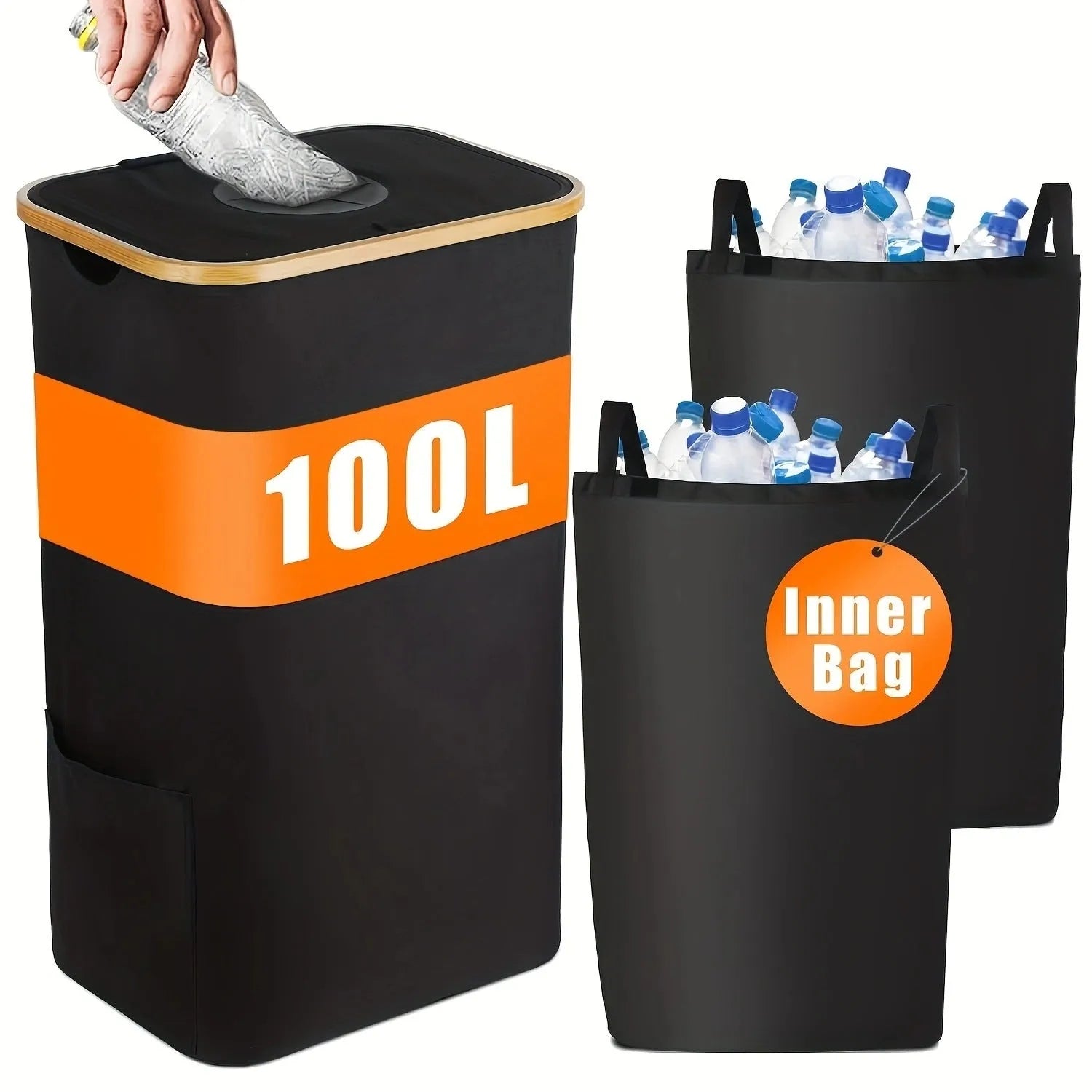Black bamboo storage basket with lid showing removable bottle compartment and ventilation holes