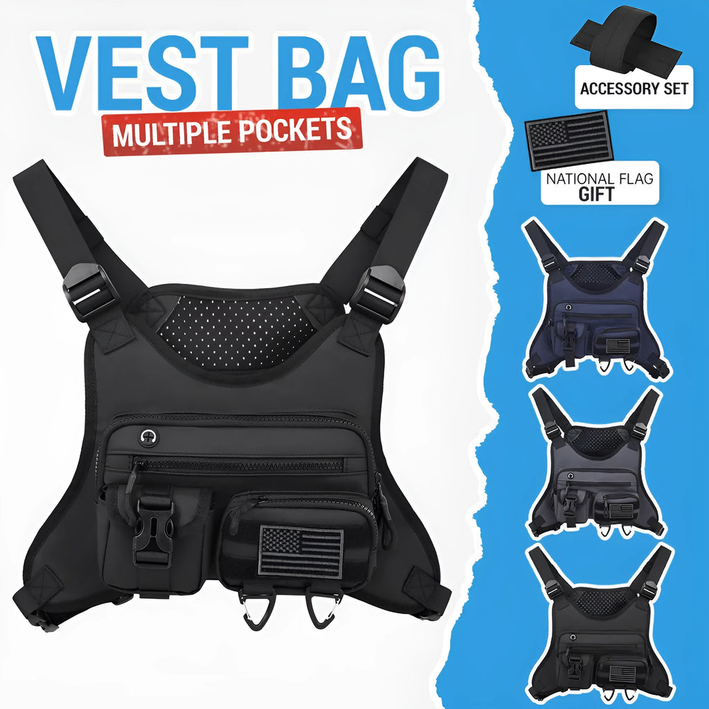 Oxford cloth chest bag with breathable vest design for riding and cycling in black colour
