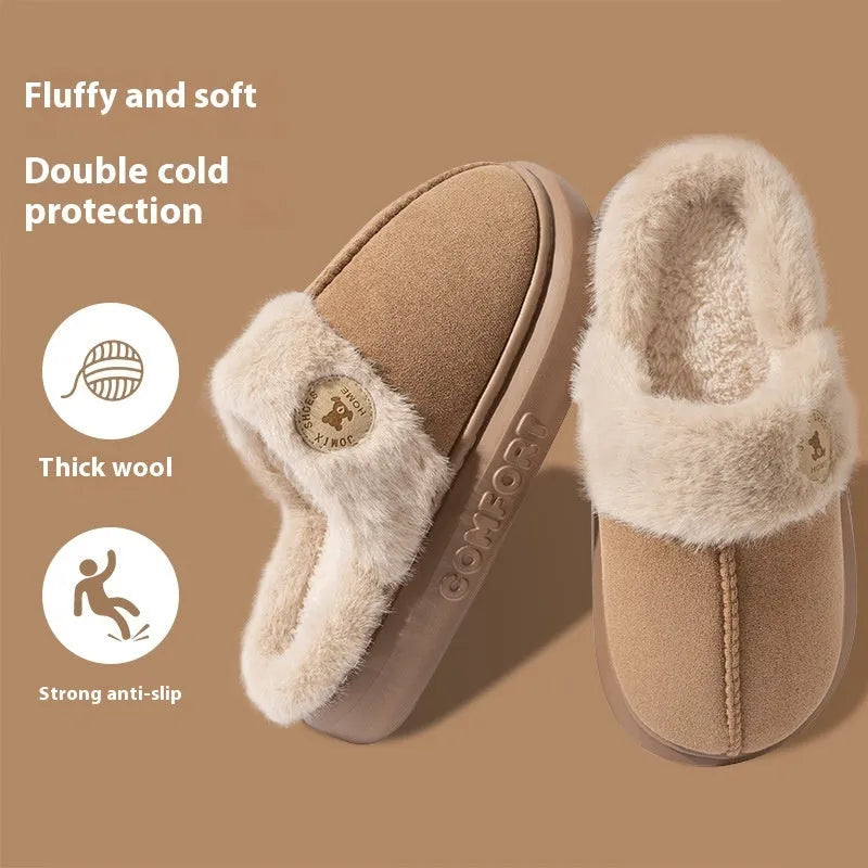 Plush fleece slippers with thick PVC soles in five colour options showing car stitching detail