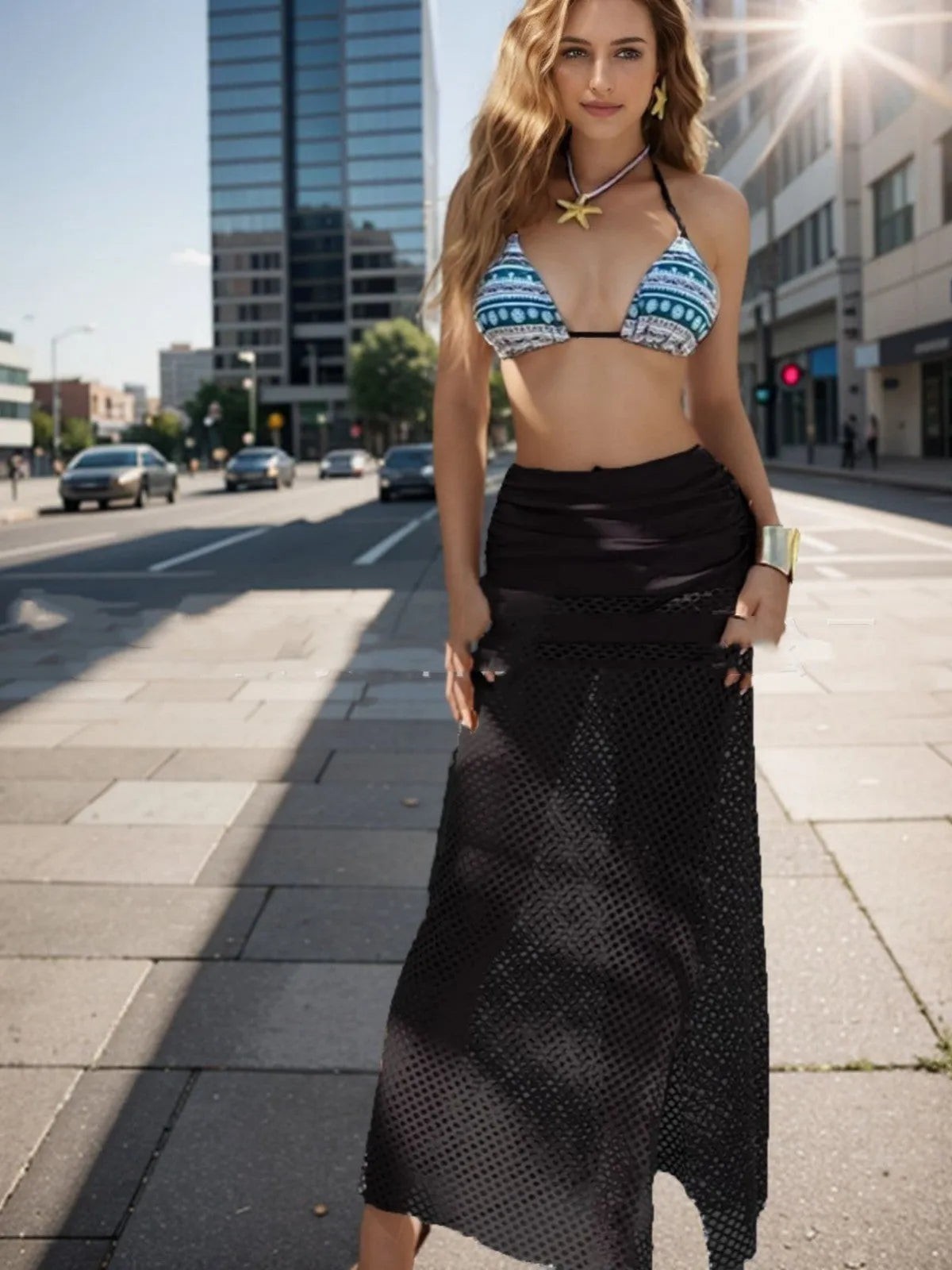 Women's three-piece bikini set with long fishnet skirt in gradient pattern colours