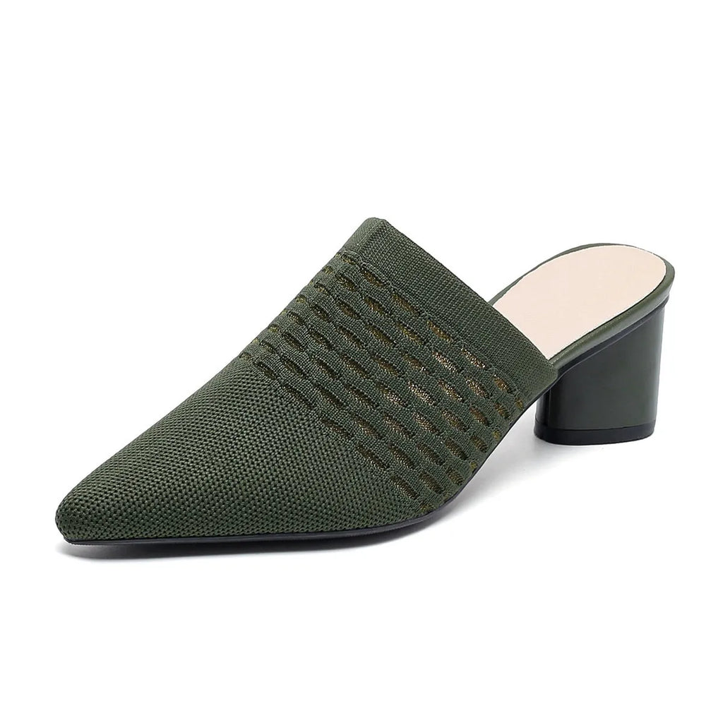 Women's black pointed toe sandals with a fabric upper and 5cm chunky rubber heel.