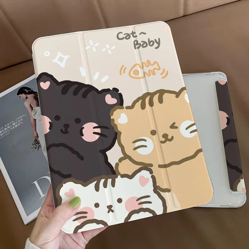 Silicone rabbit cartoon tri-fold protective case for iPad in stand mode.