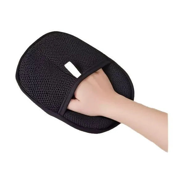 Black pet hair remover mitt measuring 24 by 16 centimetres with dual-sided silicone bristles for grooming dogs cats rabbits