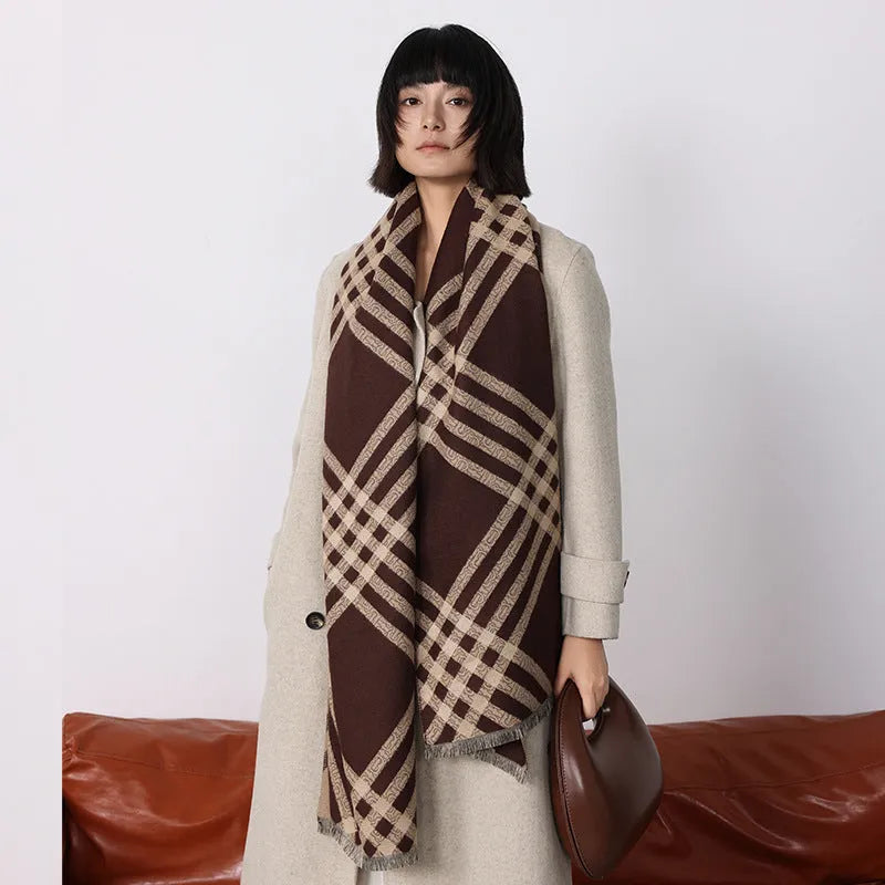 Large brown imitation cashmere winter scarf with tassels laid flat showing full 185cm length.