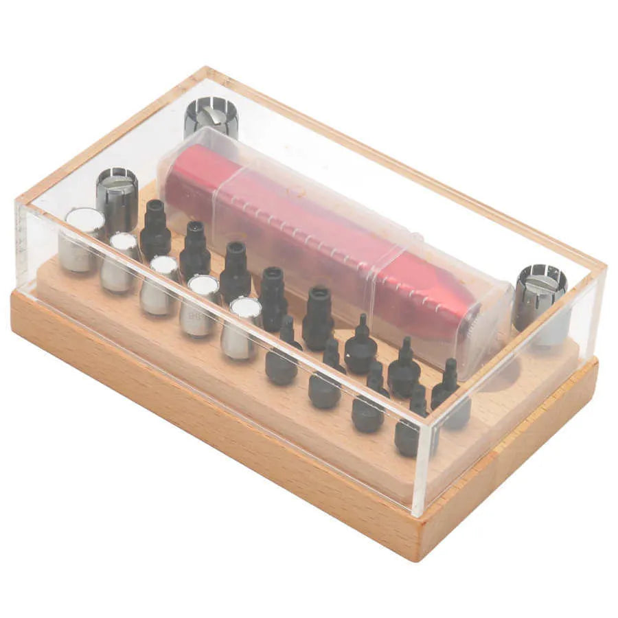 20-piece steel watch repair tool set with open tube tool in a black storage case.