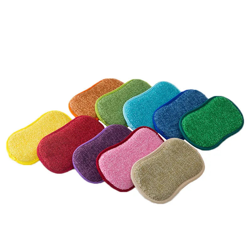 Double-sided blue kitchen cleaning sponge with microfiber texture for scrubbing pots and pans