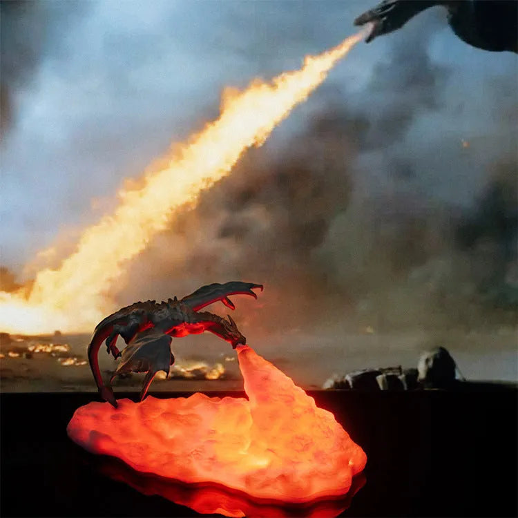 3D printed dragon-shaped night lamp with warm red glowing light effect on a dark background.