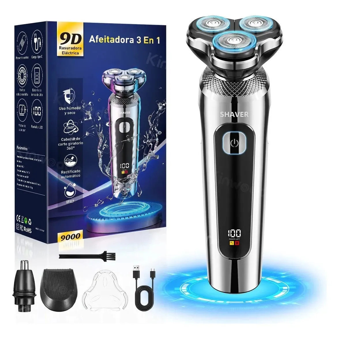 USB rechargeable beard scraper with digital display showing battery level and fully washable construction